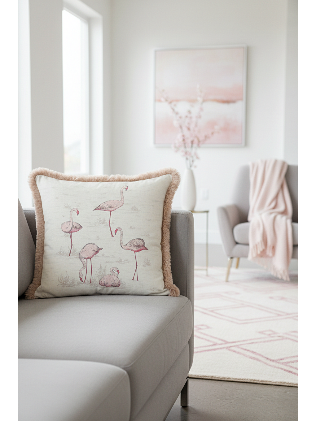 Karışık Flamingo Figürlü Saçaklı Yastık Kılıfı - Soft Pastel Bohem Bej Püsküllü Kırlent Kılıfı