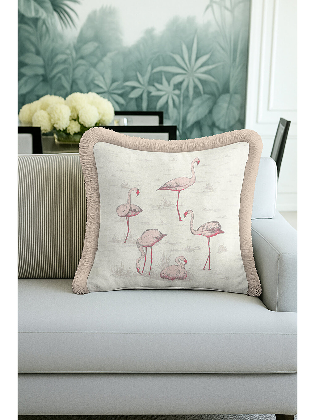 Karışık Flamingo Figürlü Saçaklı Yastık Kılıfı - Soft Pastel Bohem Bej Püsküllü Kırlent Kılıfı-1