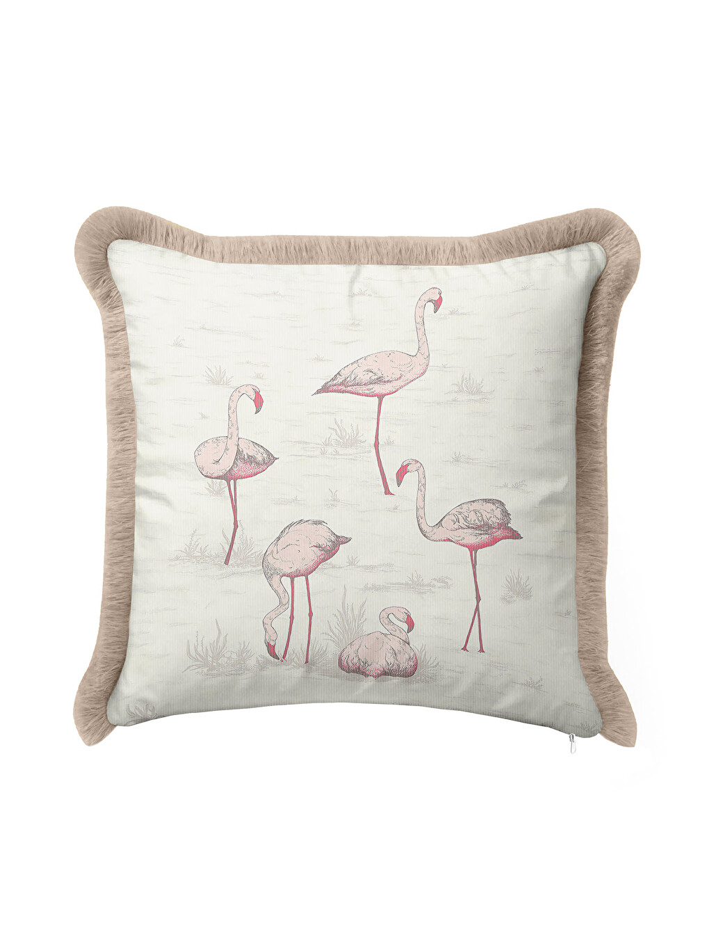 Karışık Flamingo Figürlü Saçaklı Yastık Kılıfı - Soft Pastel Bohem Bej Püsküllü Kırlent Kılıfı-2