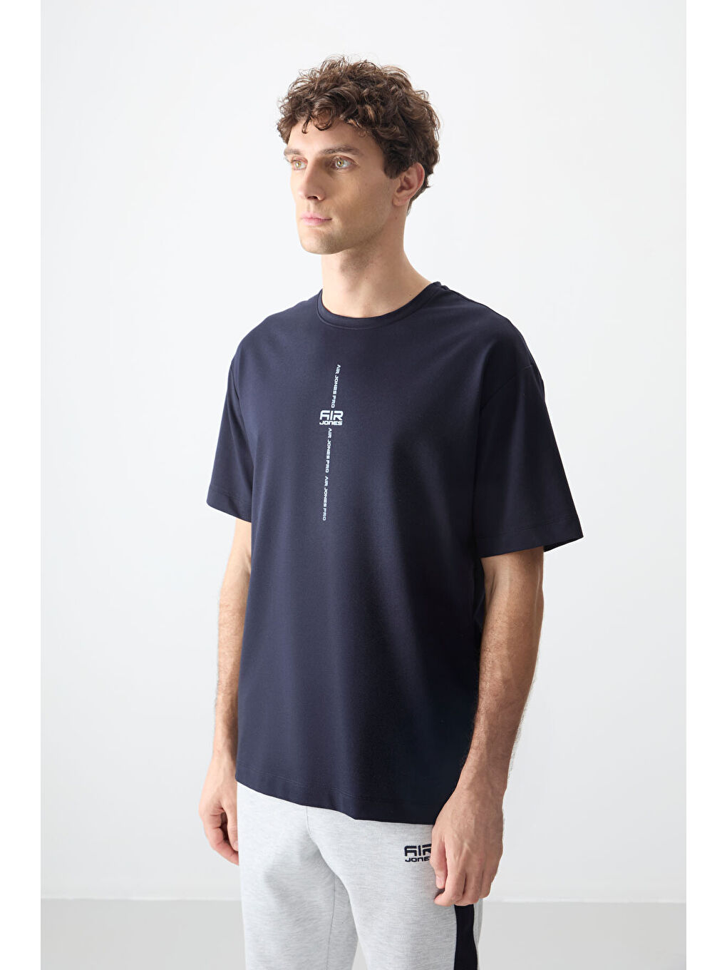 Lacivert Pamuklu Kalın Yumuşak Dokulu Oversize Fit Baskılı Erkek Tişört - 88373-3