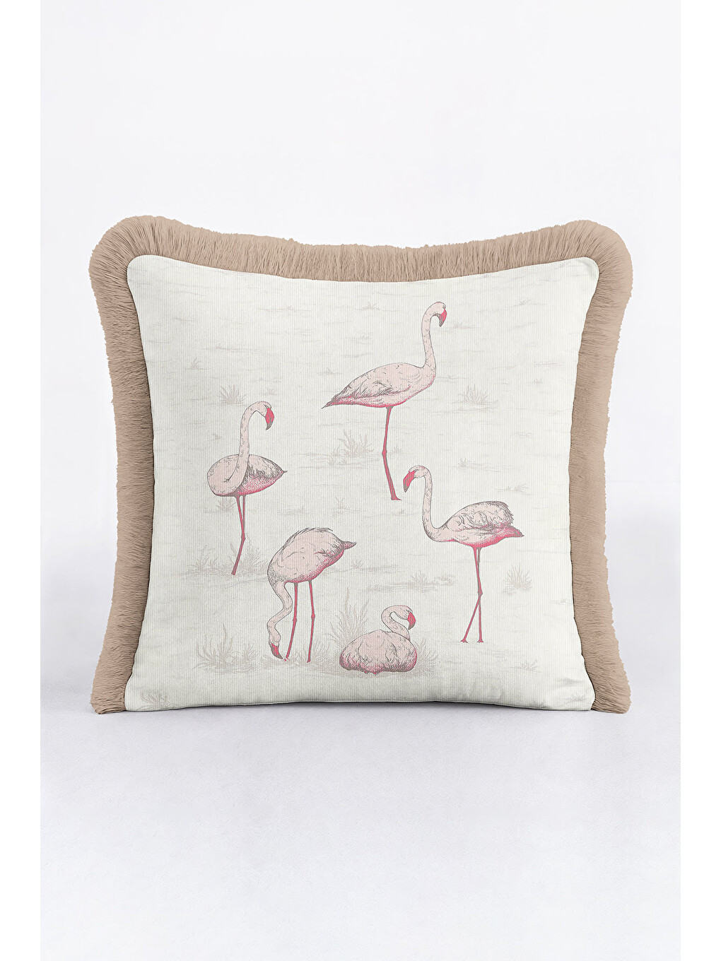Karışık Flamingo Figürlü Saçaklı Yastık Kılıfı - Soft Pastel Bohem Bej Püsküllü Kırlent Kılıfı-3