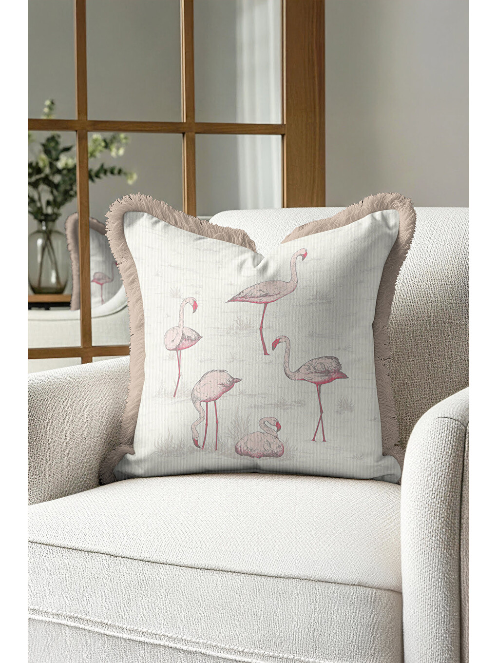 Karışık Flamingo Figürlü Saçaklı Yastık Kılıfı - Soft Pastel Bohem Bej Püsküllü Kırlent Kılıfı-4
