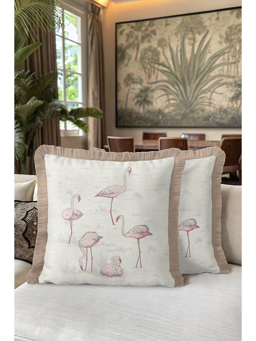 Karışık Flamingo Figürlü Saçaklı Yastık Kılıfı - Soft Pastel Bohem Bej Püsküllü Kırlent Kılıfı-5