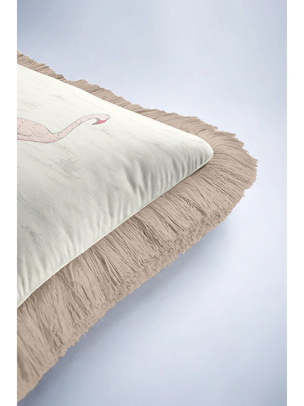 Karışık Flamingo Figürlü Saçaklı Yastık Kılıfı - Soft Pastel Bohem Bej Püsküllü Kırlent Kılıfı-6