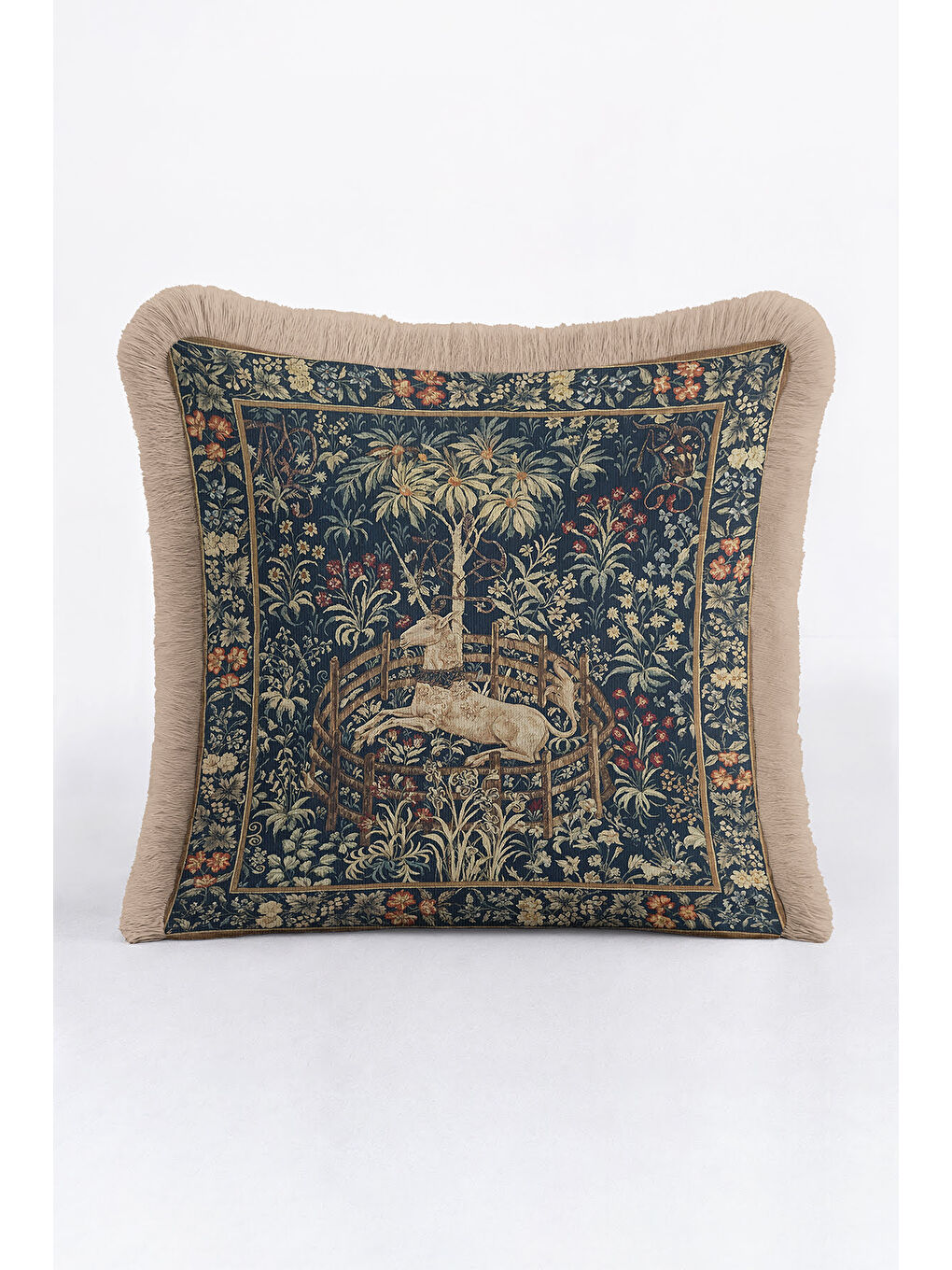 Karışık Kraliyet Esintili Saçaklı Yastık Kılıfı - Vintage Rustik Lacivert Altın Renk Püsküllü Kırlent Kılıfı-5