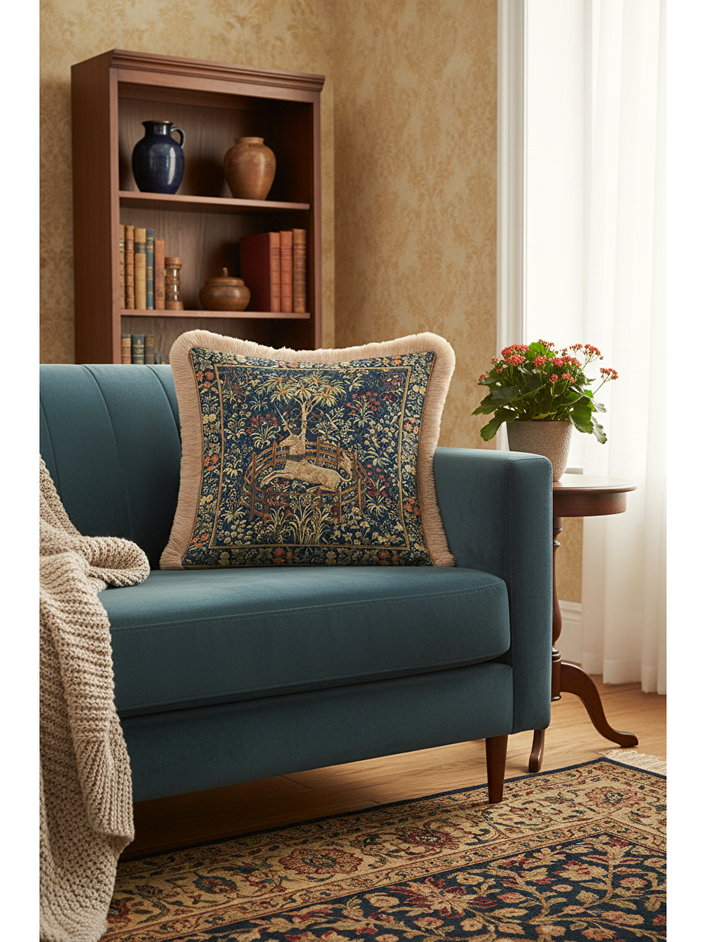 Karışık Kraliyet Esintili Saçaklı Yastık Kılıfı - Vintage Rustik Lacivert Altın Renk Püsküllü Kırlent Kılıfı-1