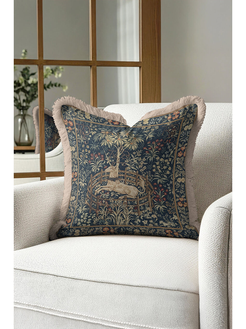 Karışık Kraliyet Esintili Saçaklı Yastık Kılıfı - Vintage Rustik Lacivert Altın Renk Püsküllü Kırlent Kılıfı-2