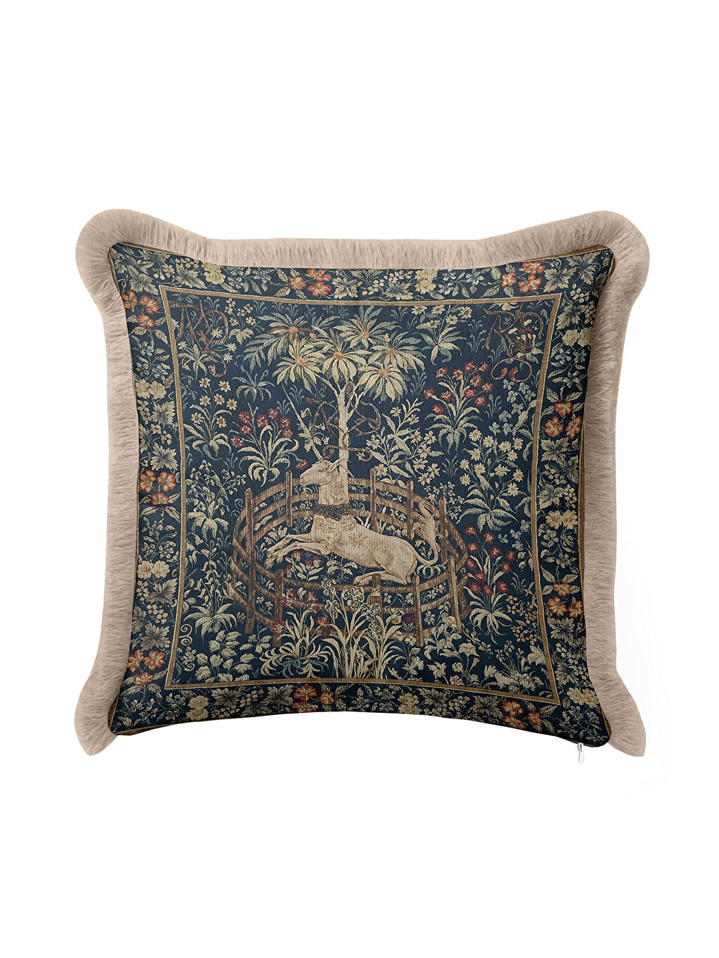 Karışık Kraliyet Esintili Saçaklı Yastık Kılıfı - Vintage Rustik Lacivert Altın Renk Püsküllü Kırlent Kılıfı-4