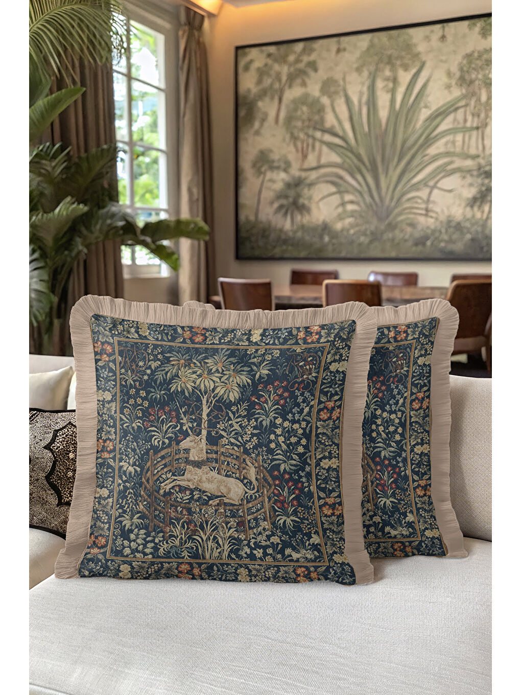 Karışık Kraliyet Esintili Saçaklı Yastık Kılıfı - Vintage Rustik Lacivert Altın Renk Püsküllü Kırlent Kılıfı-3