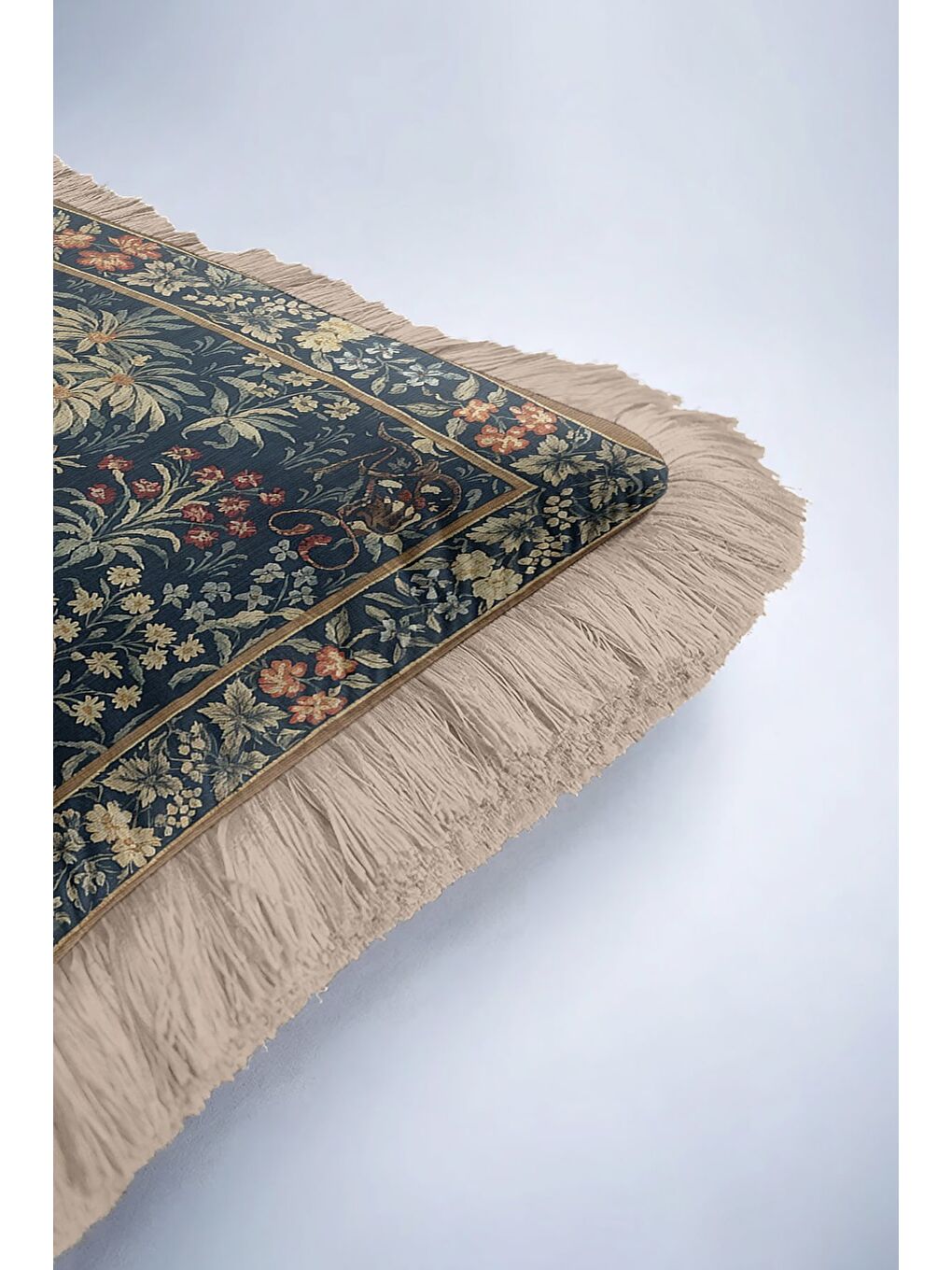 Karışık Kraliyet Esintili Saçaklı Yastık Kılıfı - Vintage Rustik Lacivert Altın Renk Püsküllü Kırlent Kılıfı-6