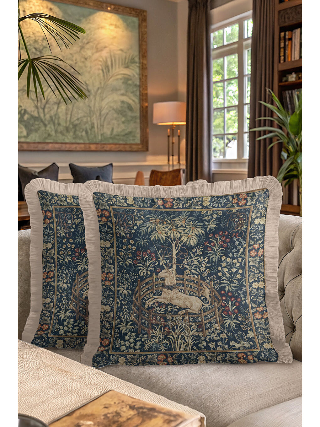 Karışık Kraliyet Esintili Saçaklı Yastık Kılıfı - Vintage Rustik Lacivert Altın Renk Püsküllü Kırlent Kılıfı-7