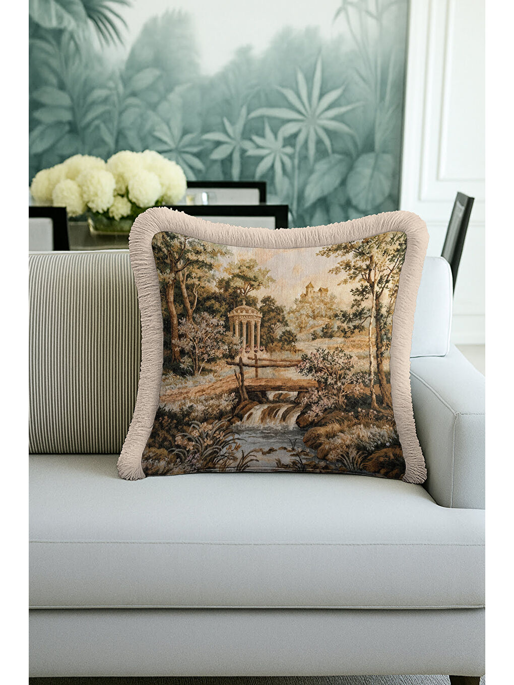 Karışık Avangard Saray Manzaralı Saçaklı Yastık Kılıfı - Vintage Klasik Rustik Bej Püsküllü Kırlent Kılıfı