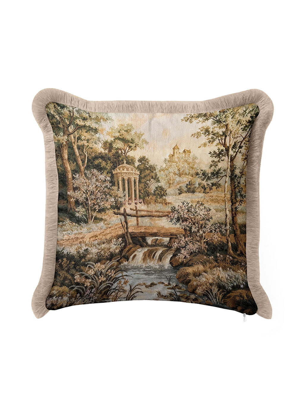 Karışık Avangard Saray Manzaralı Saçaklı Yastık Kılıfı - Vintage Klasik Rustik Bej Püsküllü Kırlent Kılıfı-1