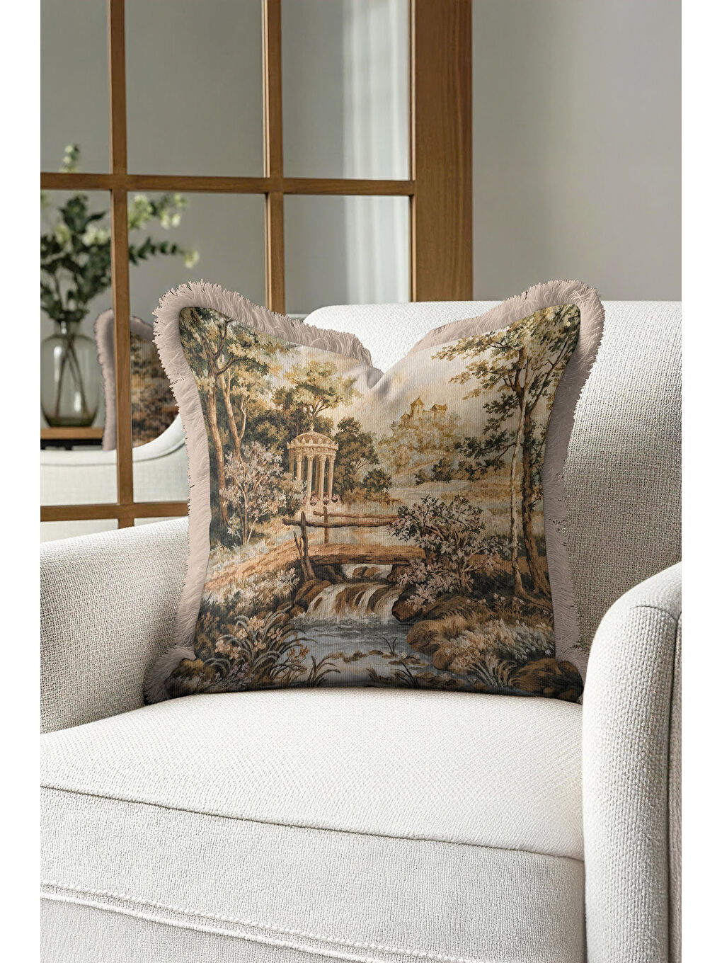 Karışık Avangard Saray Manzaralı Saçaklı Yastık Kılıfı - Vintage Klasik Rustik Bej Püsküllü Kırlent Kılıfı-2