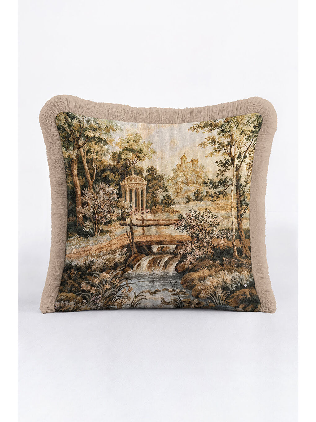 Karışık Avangard Saray Manzaralı Saçaklı Yastık Kılıfı - Vintage Klasik Rustik Bej Püsküllü Kırlent Kılıfı-3