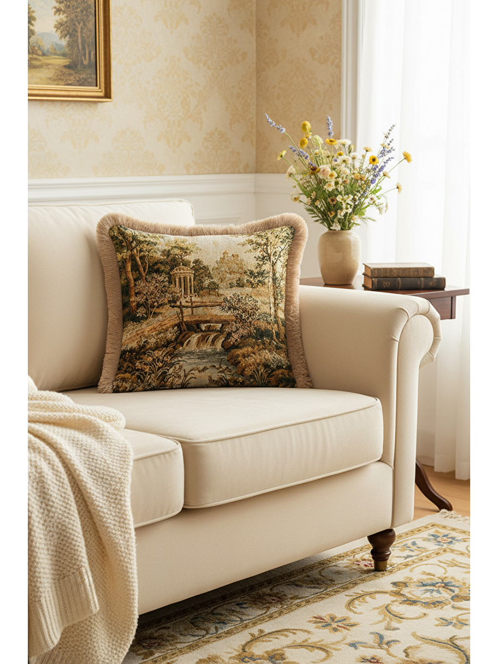 Karışık Avangard Saray Manzaralı Saçaklı Yastık Kılıfı - Vintage Klasik Rustik Bej Püsküllü Kırlent Kılıfı-4