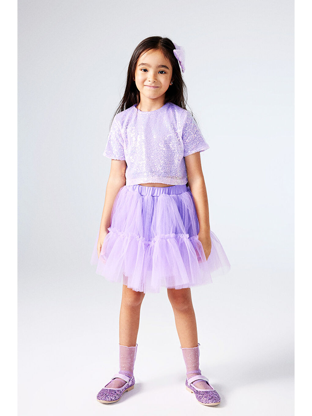 Lila  Üzeri Pul Detaylı Tül Etekli İkili Takım - Freya-1