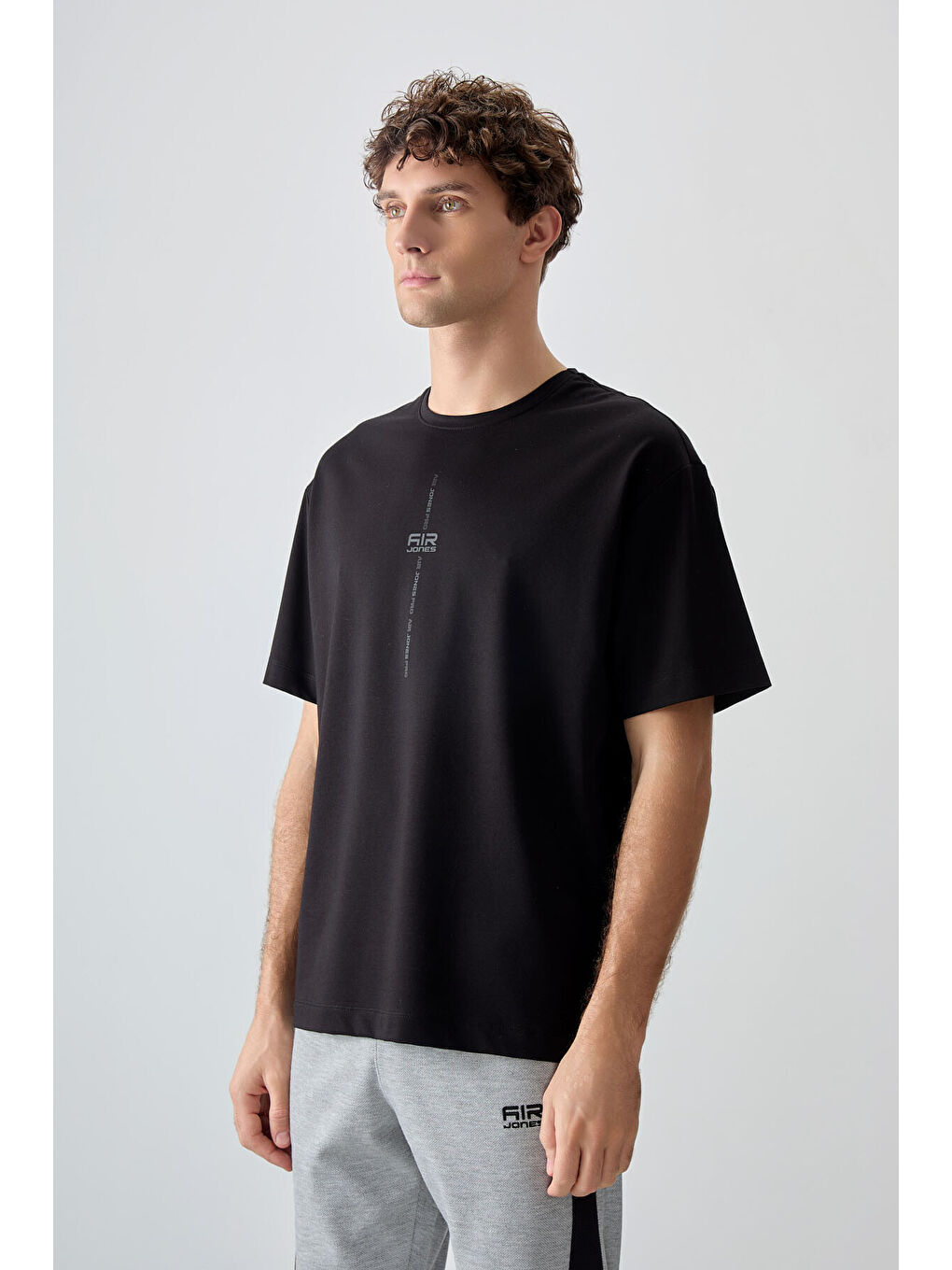 Siyah Pamuklu Kalın Yumuşak Dokulu Oversize Fit Baskılı Erkek Tişört - 88373-3