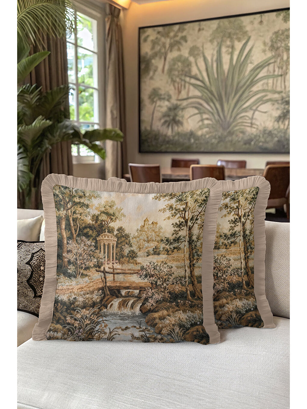 Karışık Avangard Saray Manzaralı Saçaklı Yastık Kılıfı - Vintage Klasik Rustik Bej Püsküllü Kırlent Kılıfı-5