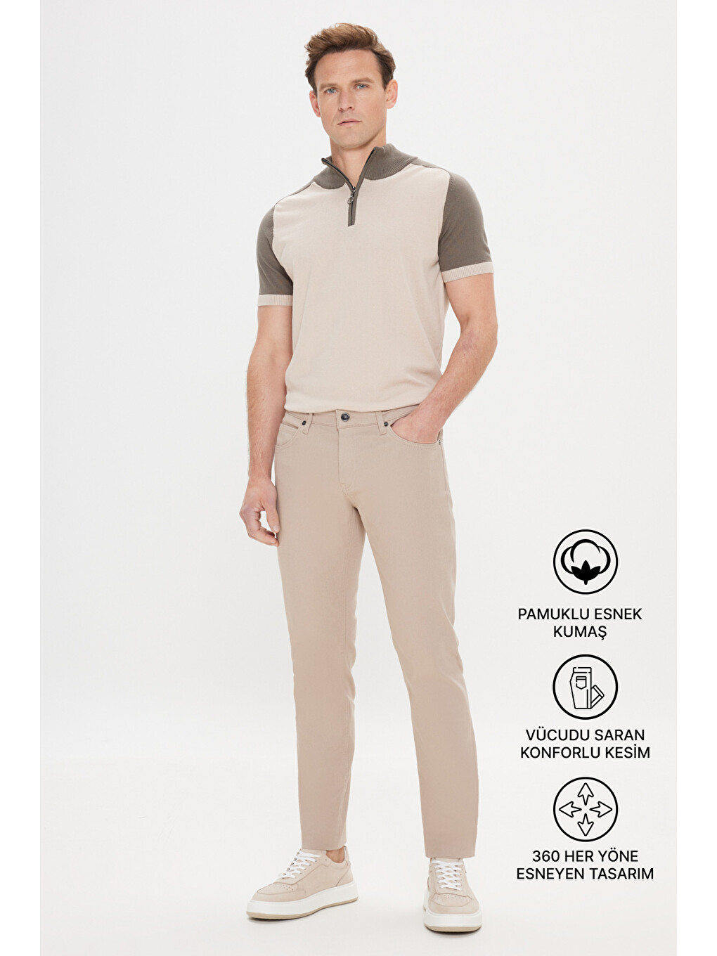 Bej Erkek Taş 360 Derece Her Yöne Esneyen Slim Fit Dar Kesim Diyagonal Desenli Pantolon-1