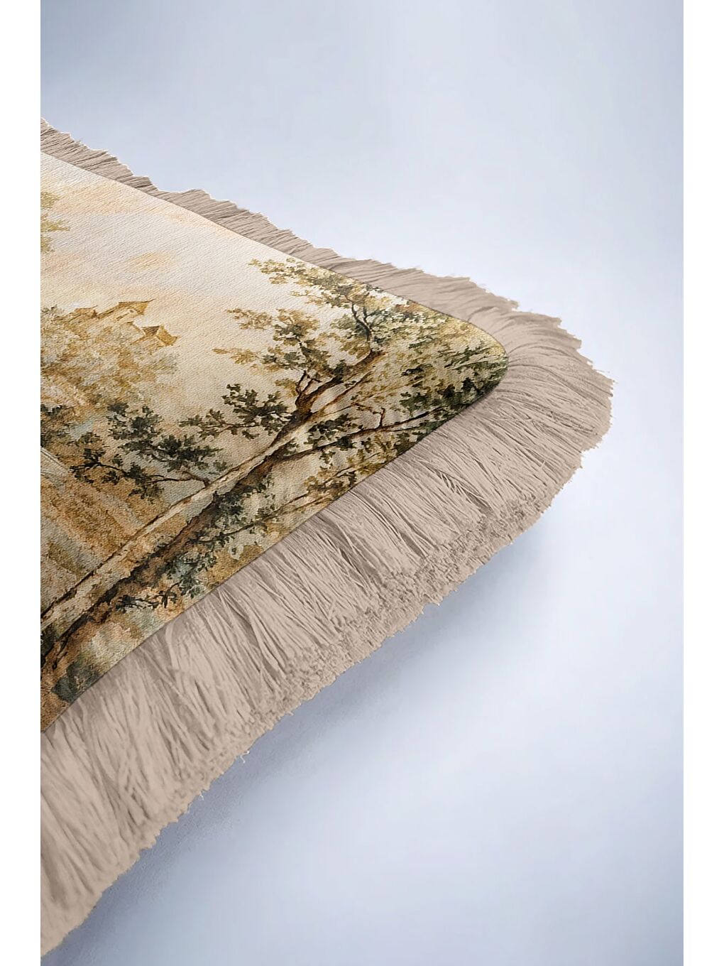 Karışık Avangard Saray Manzaralı Saçaklı Yastık Kılıfı - Vintage Klasik Rustik Bej Püsküllü Kırlent Kılıfı-6