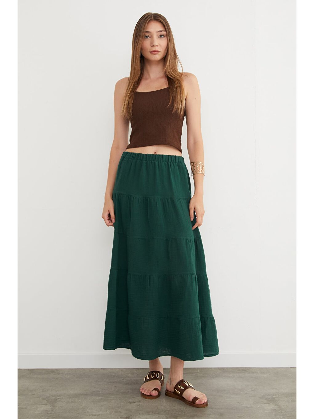 Yeşil Beli Lastikli Müslin Kumaş Etek-2