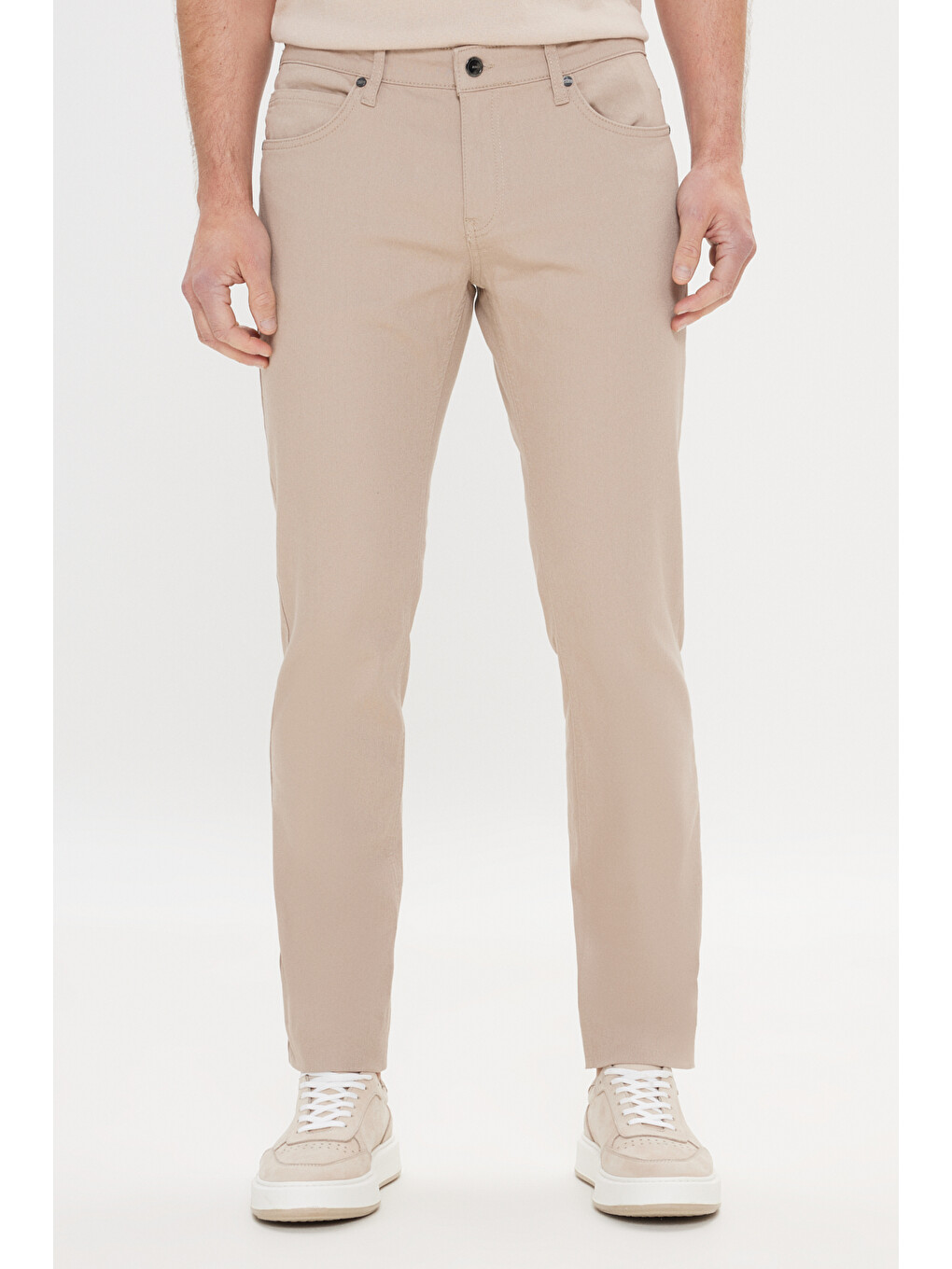 Bej Erkek Taş 360 Derece Her Yöne Esneyen Slim Fit Dar Kesim Diyagonal Desenli Pantolon-2