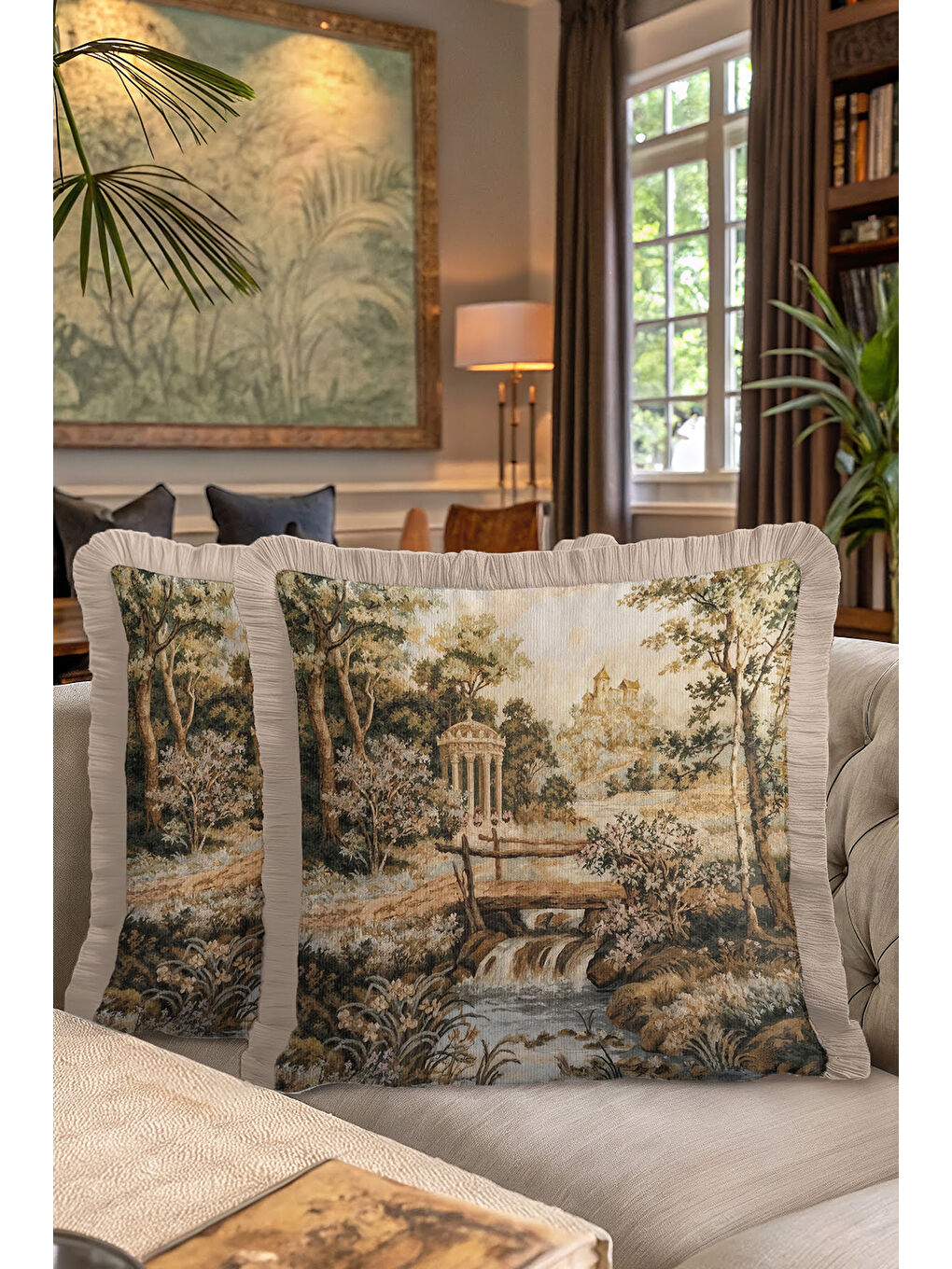 Karışık Avangard Saray Manzaralı Saçaklı Yastık Kılıfı - Vintage Klasik Rustik Bej Püsküllü Kırlent Kılıfı-7