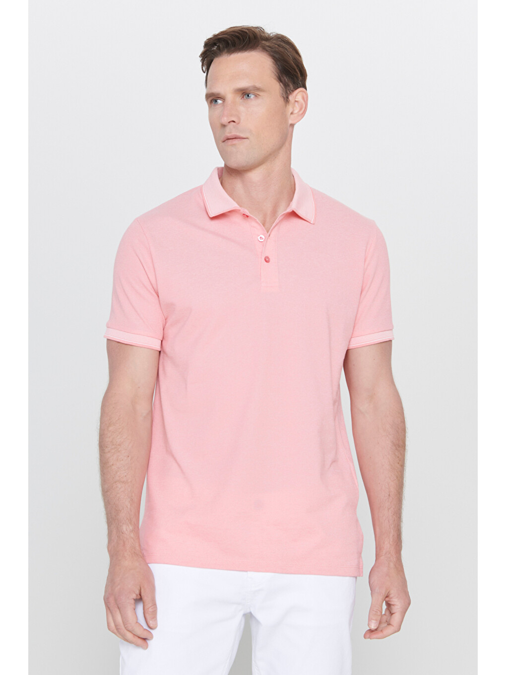 Erkek Pembe Beyaz Slim Fit Dar Kesim Kıvrılmaz Polo Yaka Kısa Kollu Tişört-1
