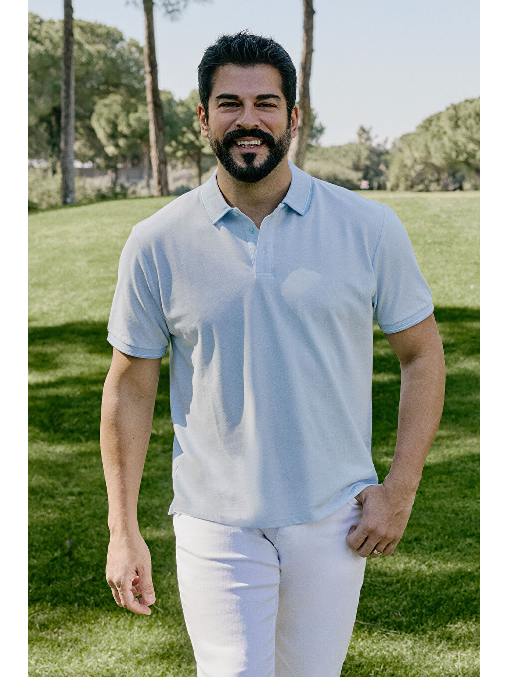 Erkek Açık Mavi Slim Fit Dar Kesim Kıvrılmaz Polo Yaka Kısa Kollu Tişört