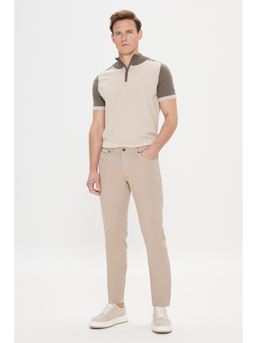 Bej Erkek Taş 360 Derece Her Yöne Esneyen Slim Fit Dar Kesim Diyagonal Desenli Pantolon-6