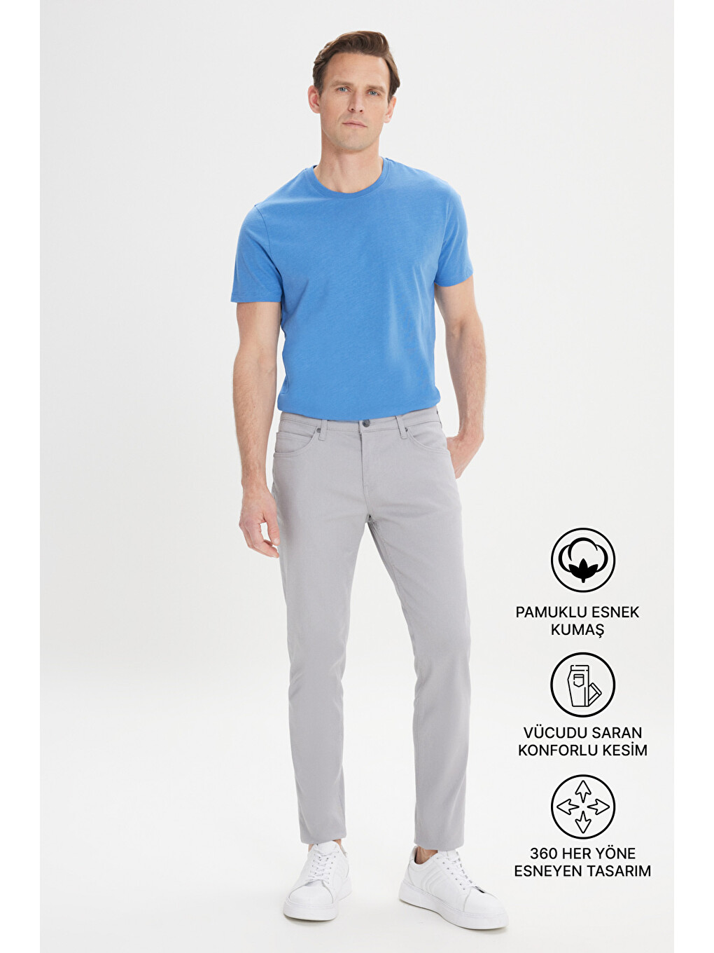 Erkek Gri 360 Derece Her Yöne Esneyen Slim Fit Dar Kesim Diyagonal Desenli Pantolon-1