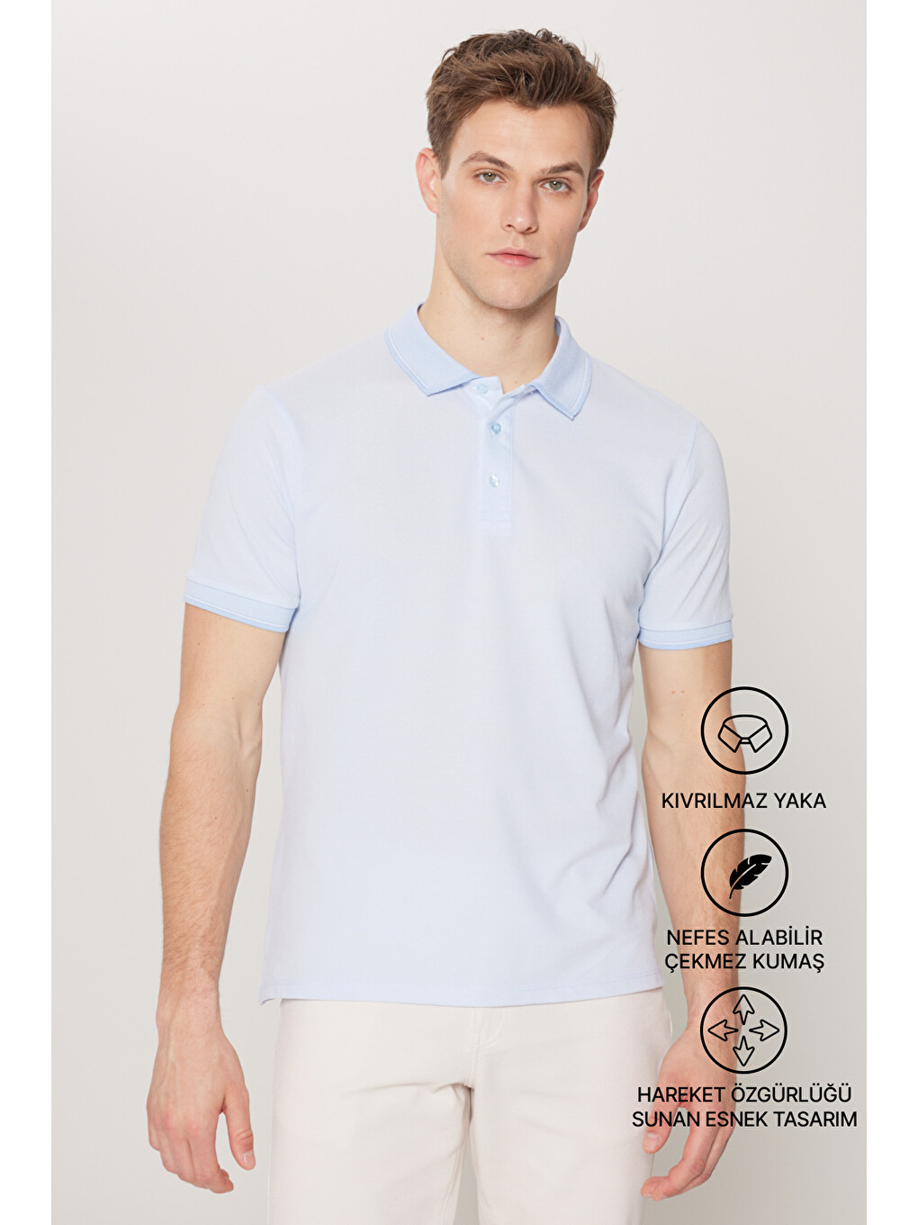 Erkek Açık Mavi Slim Fit Dar Kesim Kıvrılmaz Polo Yaka Kısa Kollu Tişört-1