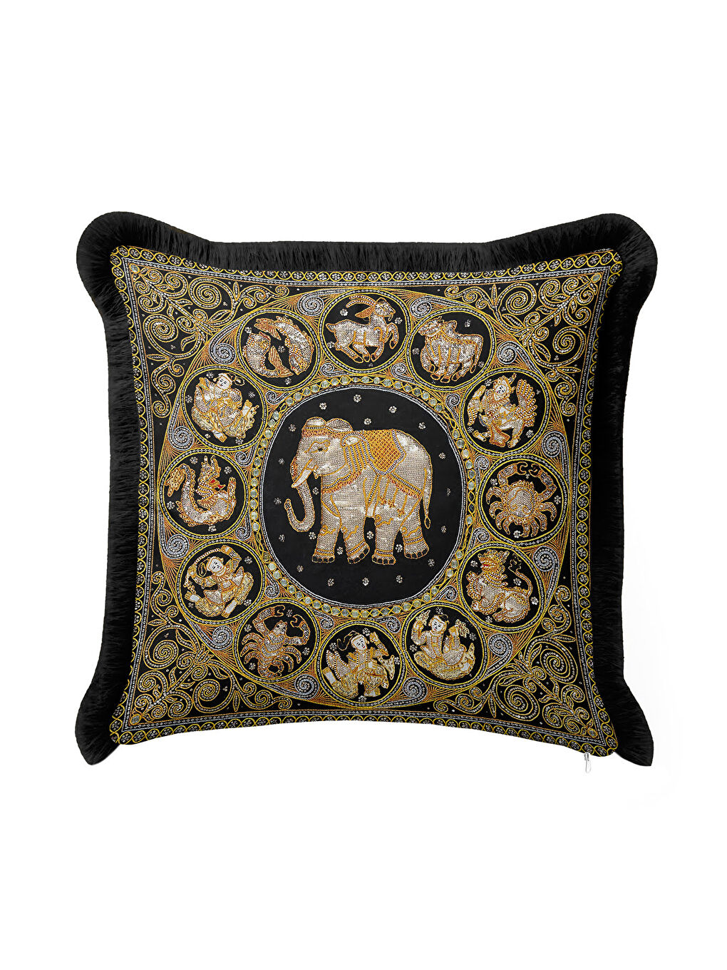 Karışık Hint Dokulu Lüks Saçaklı Yastık Kılıfı - Doğu Motifli Bohem Siyah Altın Renk Püsküllü Kırlent Kılıfı-2