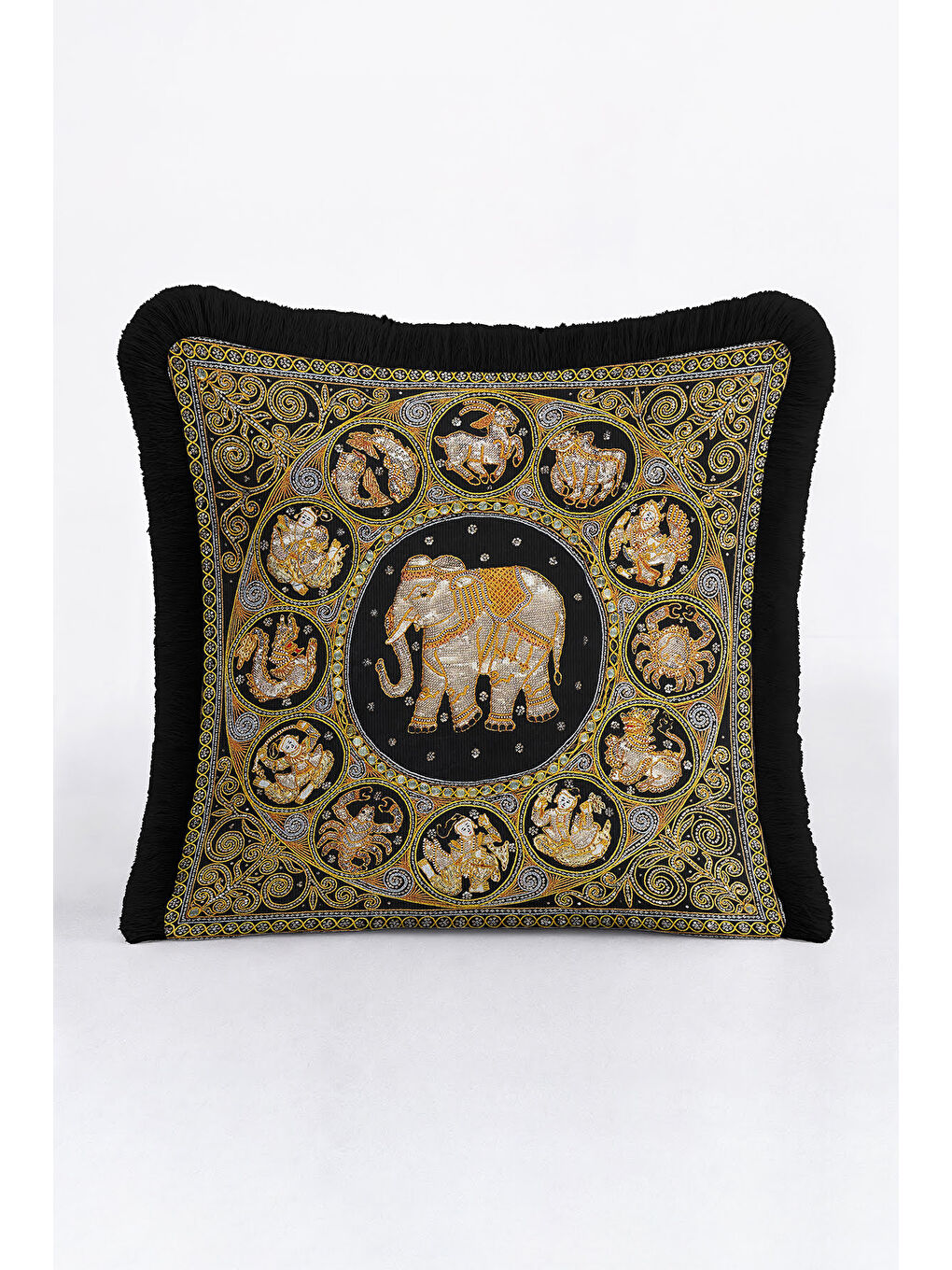 Karışık Hint Dokulu Lüks Saçaklı Yastık Kılıfı - Doğu Motifli Bohem Siyah Altın Renk Püsküllü Kırlent Kılıfı-3