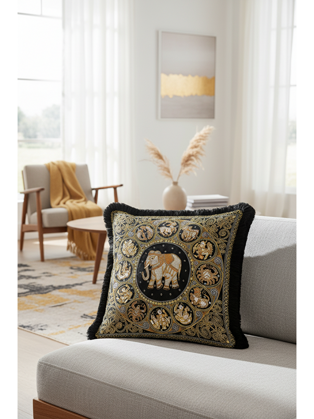 Karışık Hint Dokulu Lüks Saçaklı Yastık Kılıfı - Doğu Motifli Bohem Siyah Altın Renk Püsküllü Kırlent Kılıfı-4