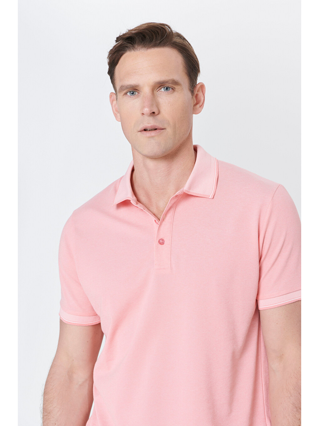 Erkek Pembe Beyaz Slim Fit Dar Kesim Kıvrılmaz Polo Yaka Kısa Kollu Tişört-4