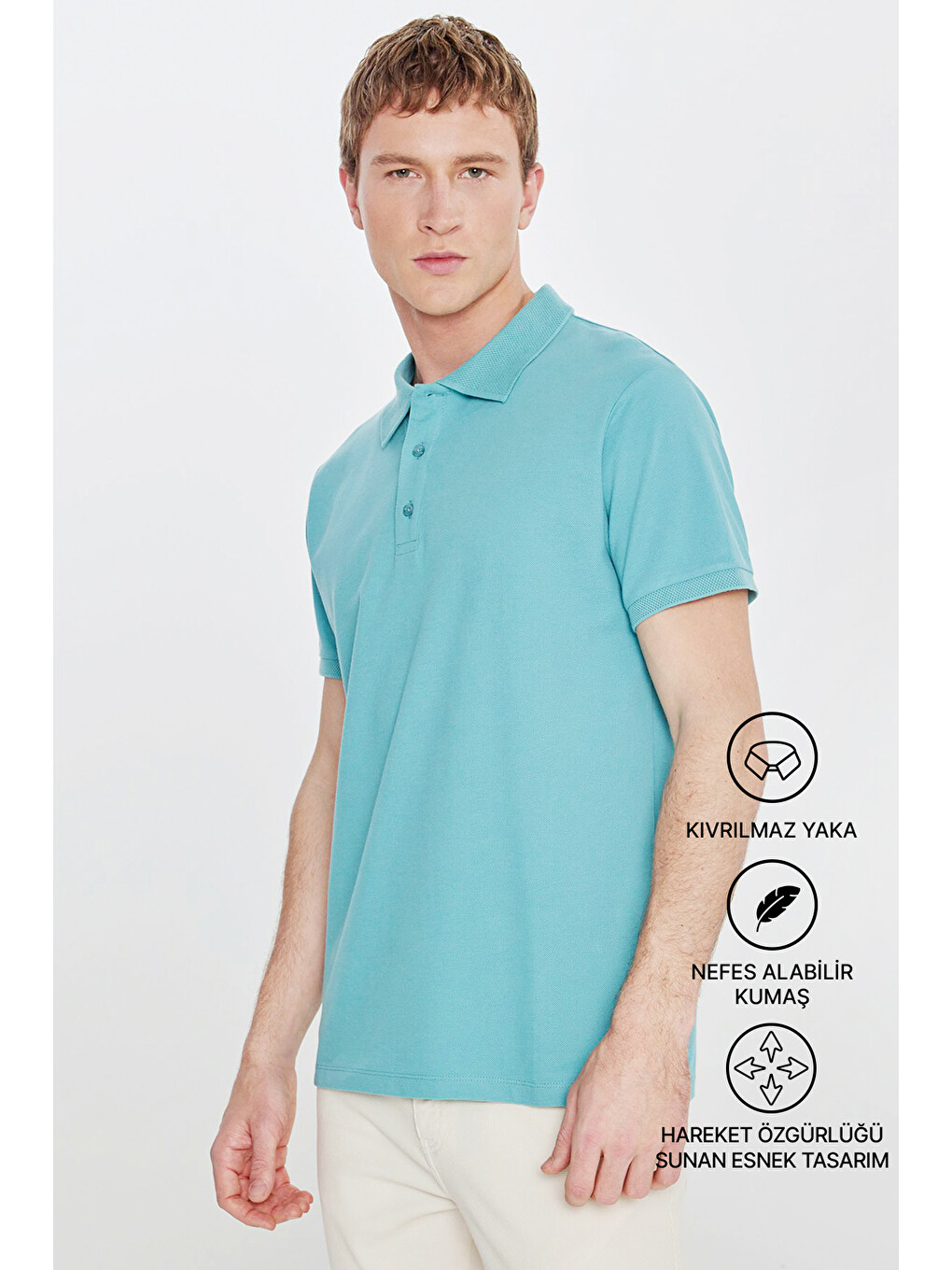 Erkek Petrol Slim Fit Dar Kesim Polo Yaka %100 Pamuk Kısa Kollu Tişört-1