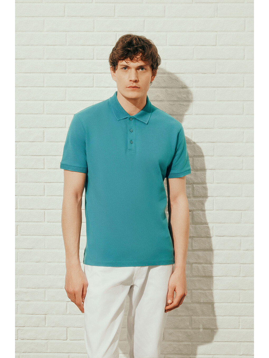 Erkek Petrol Slim Fit Dar Kesim Polo Yaka %100 Pamuk Kısa Kollu Tişört-2