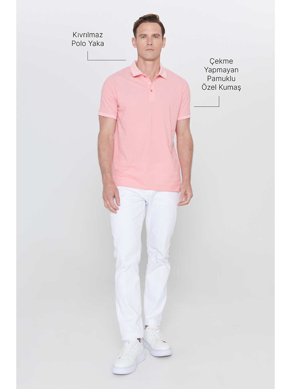 Erkek Pembe Beyaz Slim Fit Dar Kesim Kıvrılmaz Polo Yaka Kısa Kollu Tişört-5