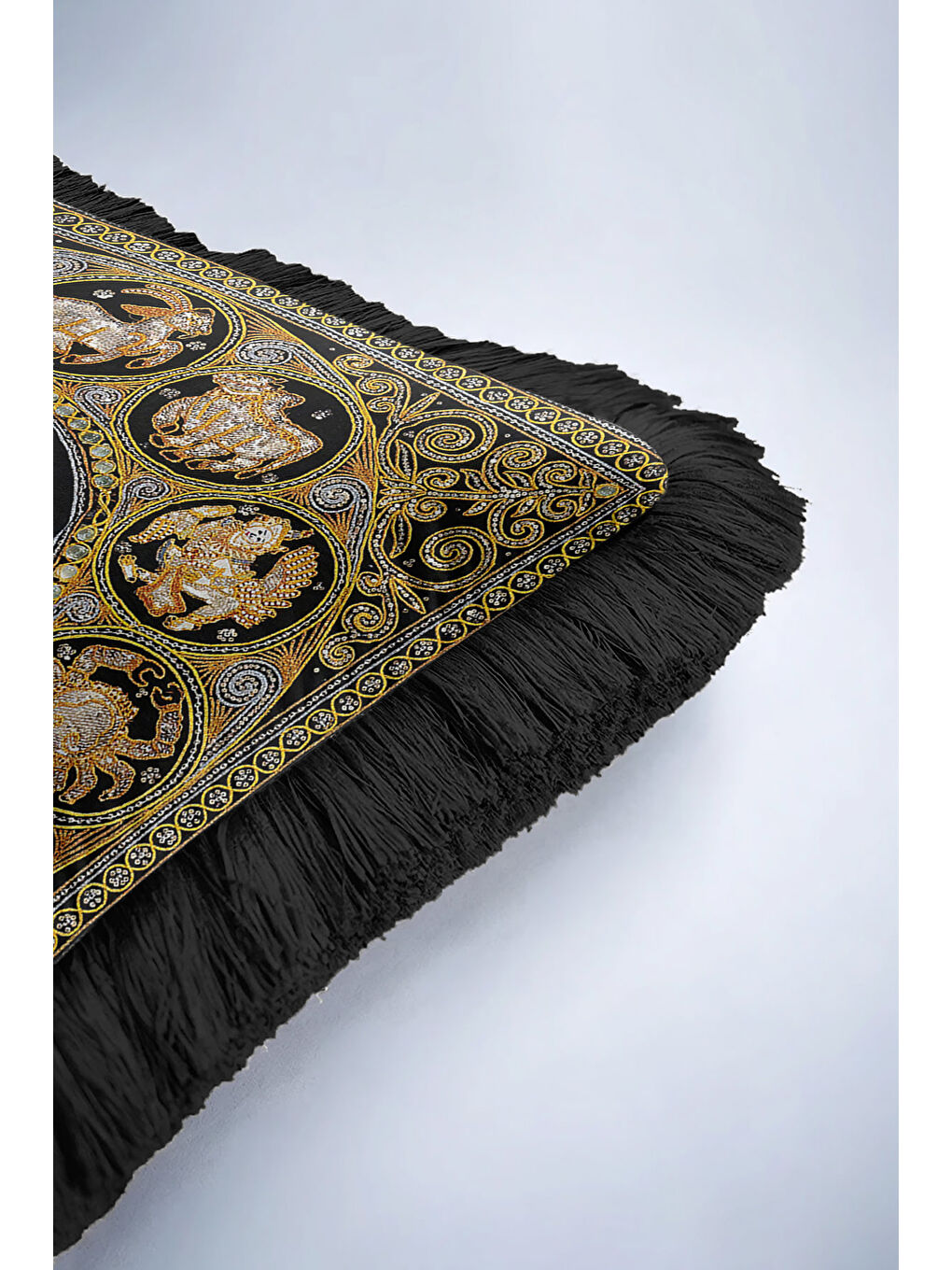 Karışık Hint Dokulu Lüks Saçaklı Yastık Kılıfı - Doğu Motifli Bohem Siyah Altın Renk Püsküllü Kırlent Kılıfı-6