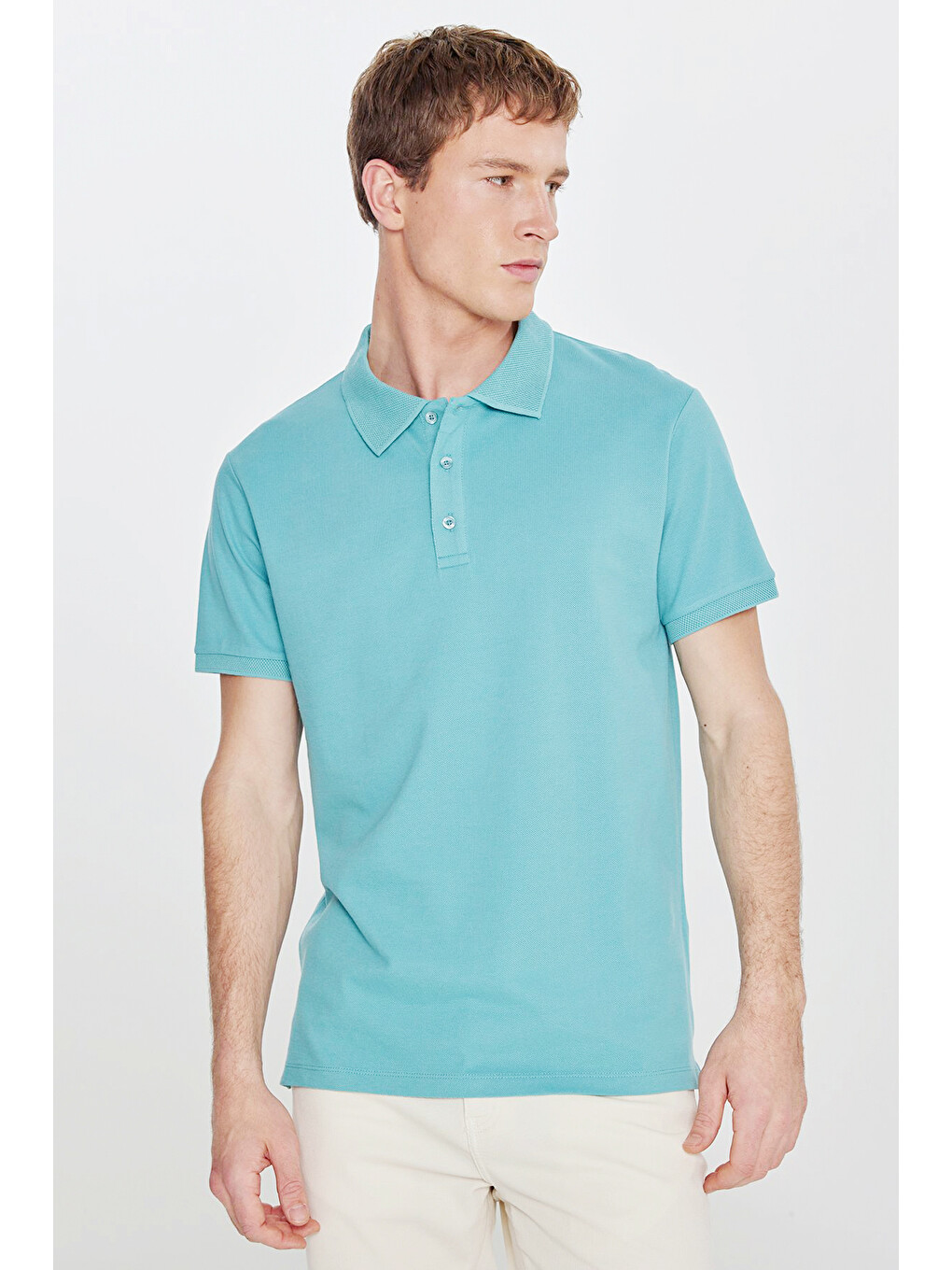 Erkek Petrol Slim Fit Dar Kesim Polo Yaka %100 Pamuk Kısa Kollu Tişört-3