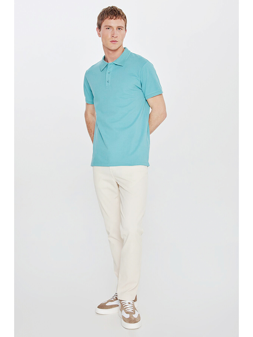 Erkek Petrol Slim Fit Dar Kesim Polo Yaka %100 Pamuk Kısa Kollu Tişört-4