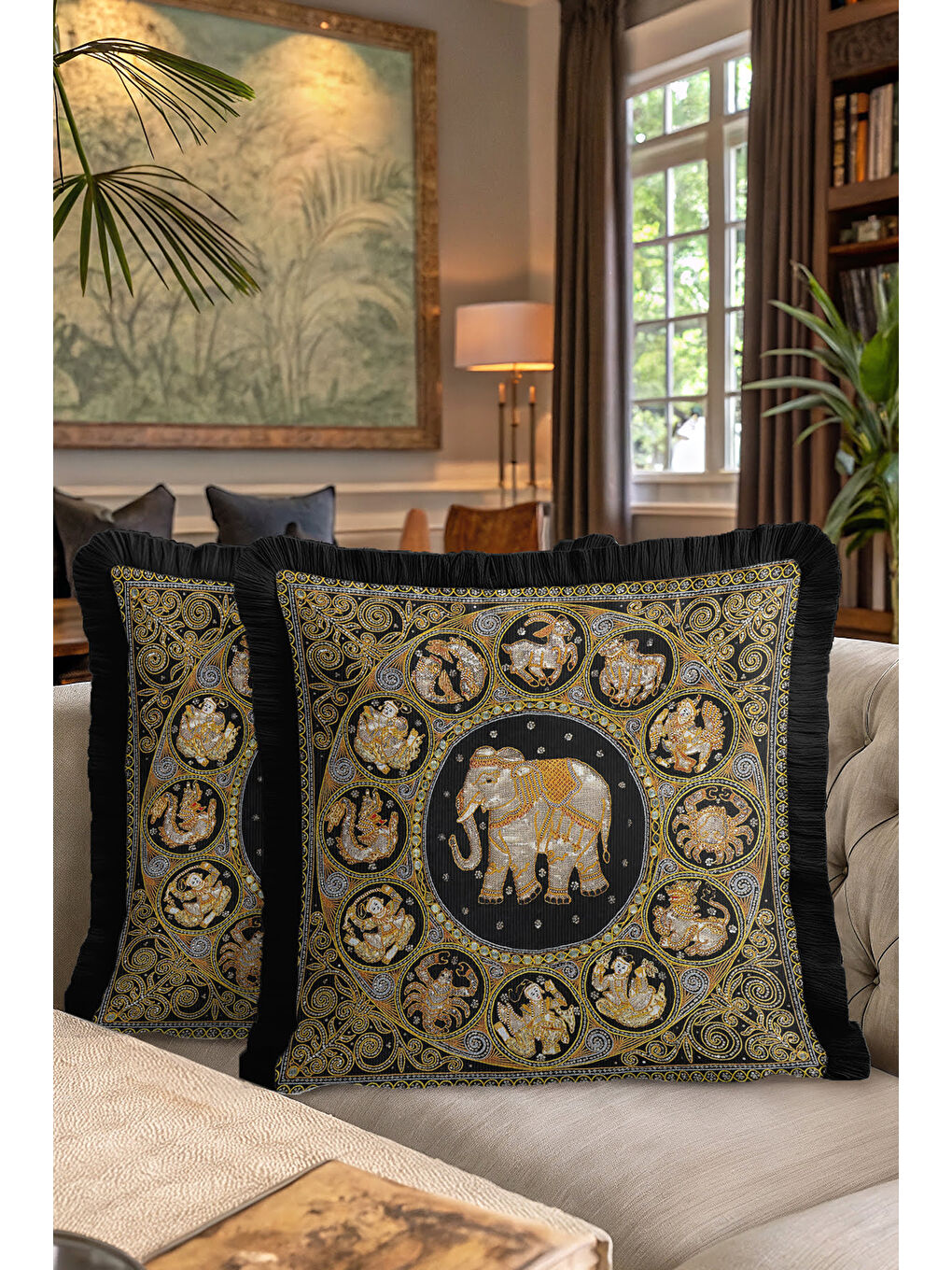 Karışık Hint Dokulu Lüks Saçaklı Yastık Kılıfı - Doğu Motifli Bohem Siyah Altın Renk Püsküllü Kırlent Kılıfı-7