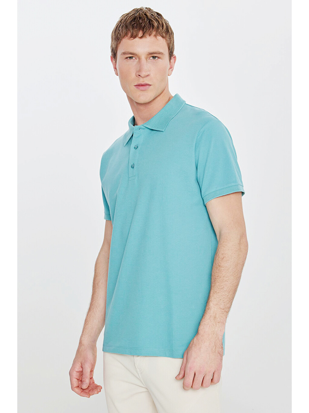 Erkek Petrol Slim Fit Dar Kesim Polo Yaka %100 Pamuk Kısa Kollu Tişört-6