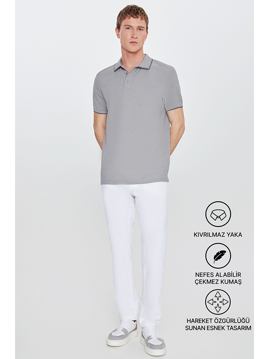 Erkek Gri Pamuklu Comfort Fit Rahat Kesim Polo Yaka Cepli Tişört