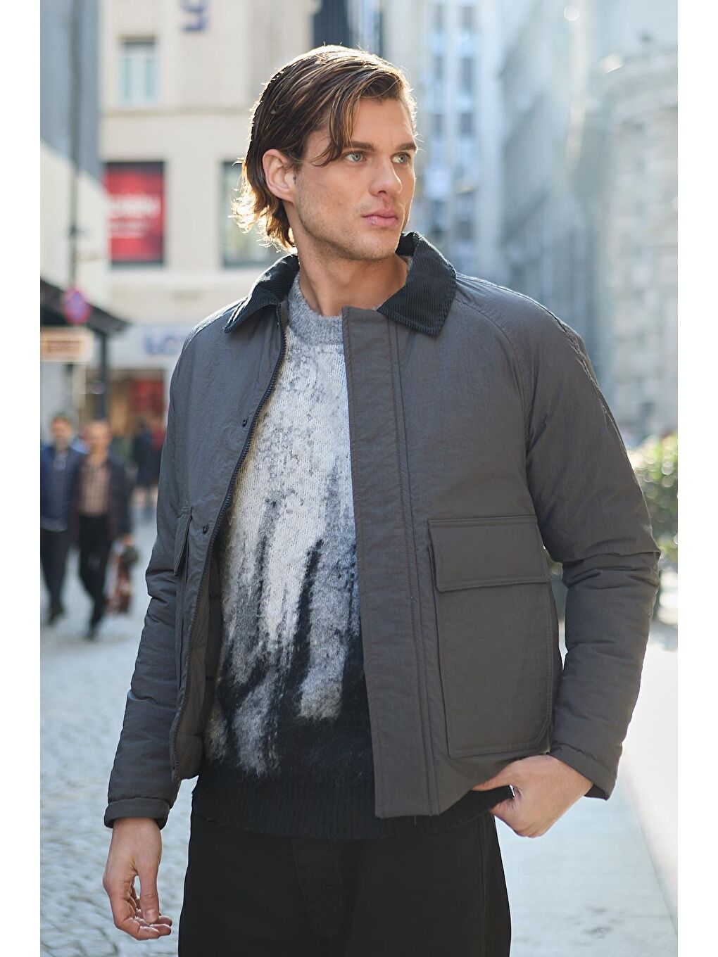 Su Geçirmez Kopitone Antrasit Ceket Kadife Yaka Detaylı Mont-1