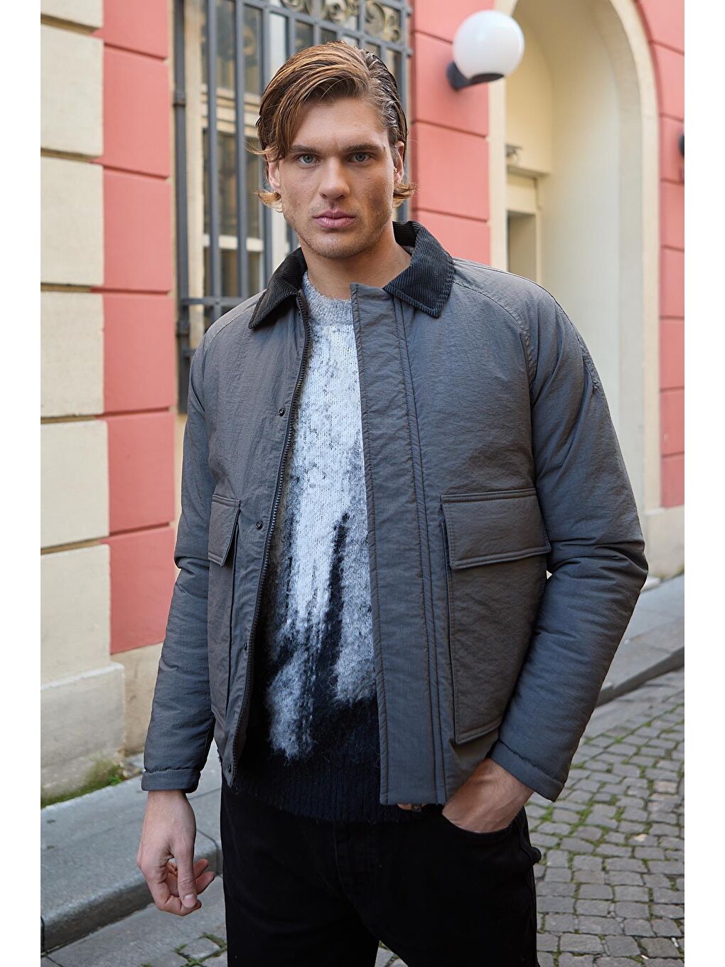 Su Geçirmez Kopitone Antrasit Ceket Kadife Yaka Detaylı Mont-2