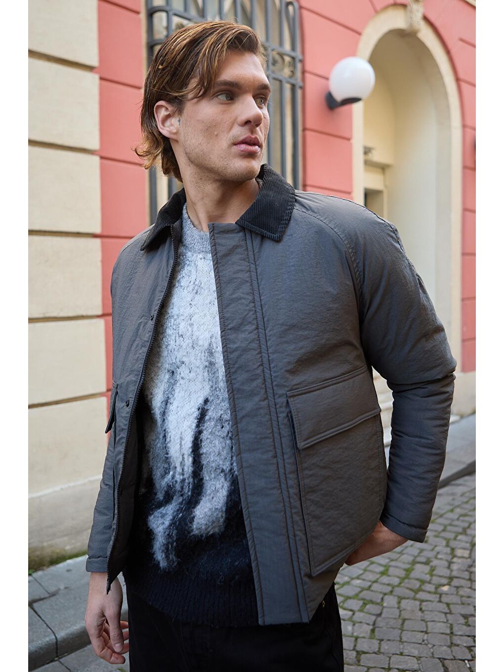 Su Geçirmez Kopitone Antrasit Ceket Kadife Yaka Detaylı Mont-4