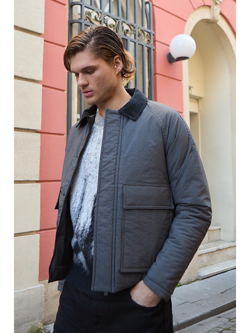 Su Geçirmez Kopitone Antrasit Ceket Kadife Yaka Detaylı Mont-5